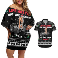 Santa Claus Love Gym Couples Matching Off Shoulder Short Dress and Hawaiian Shirt Christmas Santa Does Weightlifting DT04 - Wonder Print Shop