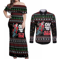 Santa And Motor Couples Matching Off Shoulder Maxi Dress and Long Sleeve Button Shirt Santa Claus And Joy On A Motorcycle DT04 - Wonder Print Shop