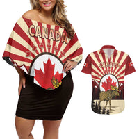 Personalized Canada Maple Leaf Couples Matching Off Shoulder Short Dress and Hawaiian Shirt Moose And Forest Retro Style