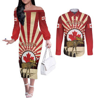 Personalized Canada Maple Leaf Couples Matching Off The Shoulder Long Sleeve Dress and Long Sleeve Button Shirt Moose And Forest Retro Style