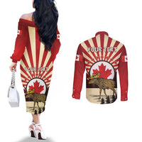 Personalized Canada Maple Leaf Couples Matching Off The Shoulder Long Sleeve Dress and Long Sleeve Button Shirt Moose And Forest Retro Style