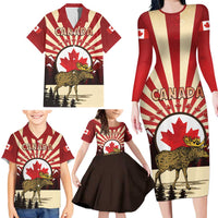 Personalized Canada Maple Leaf Family Matching Long Sleeve Bodycon Dress and Hawaiian Shirt Moose And Forest Retro Style