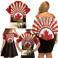 Personalized Canada Maple Leaf Family Matching Off Shoulder Short Dress and Hawaiian Shirt Moose And Forest Retro Style