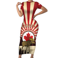 Personalized Canada Maple Leaf Short Sleeve Bodycon Dress Moose And Forest Retro Style