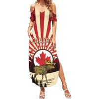 Personalized Canada Maple Leaf Summer Maxi Dress Moose And Forest Retro Style