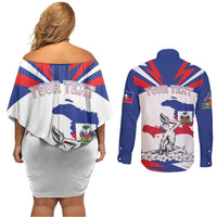 Personalized Haiti Heritage Month Couples Matching Off Shoulder Short Dress and Long Sleeve Button Shirt Negre Marron With Hibiscus