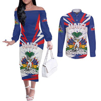 Personalized Haiti Heritage Month Couples Matching Off The Shoulder Long Sleeve Dress and Long Sleeve Button Shirt Negre Marron With Hibiscus