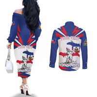 Personalized Haiti Heritage Month Couples Matching Off The Shoulder Long Sleeve Dress and Long Sleeve Button Shirt Negre Marron With Hibiscus