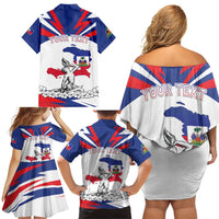 Personalized Haiti Heritage Month Family Matching Off Shoulder Short Dress and Hawaiian Shirt Negre Marron With Hibiscus