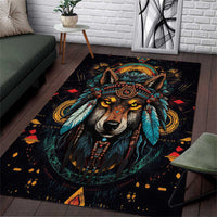 Native American Wolf Area Rug Abstract Geometric Style