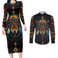 Native American Wolf Couples Matching Long Sleeve Bodycon Dress and Long Sleeve Button Shirt Abstract Geometric Style