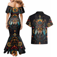 Native American Wolf Couples Matching Mermaid Dress and Hawaiian Shirt Abstract Geometric Style