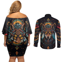 Native American Wolf Couples Matching Off Shoulder Short Dress and Long Sleeve Button Shirt Abstract Geometric Style