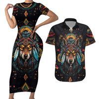 Native American Wolf Couples Matching Short Sleeve Bodycon Dress and Hawaiian Shirt Abstract Geometric Style