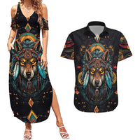Native American Wolf Couples Matching Summer Maxi Dress and Hawaiian Shirt Abstract Geometric Style