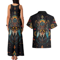 Native American Wolf Couples Matching Tank Maxi Dress and Hawaiian Shirt Abstract Geometric Style