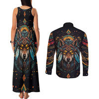 Native American Wolf Couples Matching Tank Maxi Dress and Long Sleeve Button Shirt Abstract Geometric Style