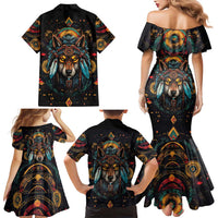 Native American Wolf Family Matching Mermaid Dress and Hawaiian Shirt Abstract Geometric Style