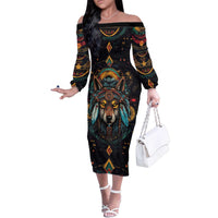 Native American Wolf Family Matching Off The Shoulder Long Sleeve Dress and Hawaiian Shirt Abstract Geometric Style