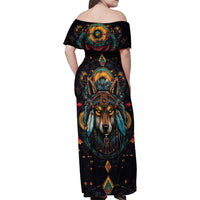 Native American Wolf Family Matching Off Shoulder Maxi Dress and Hawaiian Shirt Abstract Geometric Style