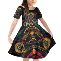 Native American Wolf Family Matching Off Shoulder Short Dress and Hawaiian Shirt Abstract Geometric Style