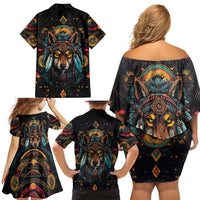 Native American Wolf Family Matching Off Shoulder Short Dress and Hawaiian Shirt Abstract Geometric Style
