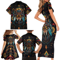 Native American Wolf Family Matching Short Sleeve Bodycon Dress and Hawaiian Shirt Abstract Geometric Style