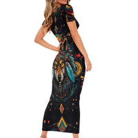 Native American Wolf Family Matching Short Sleeve Bodycon Dress and Hawaiian Shirt Abstract Geometric Style