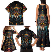 Native American Wolf Family Matching Tank Maxi Dress and Hawaiian Shirt Abstract Geometric Style