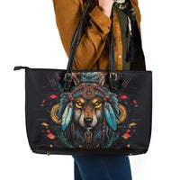 Native American Wolf Leather Tote Bag Abstract Geometric Style