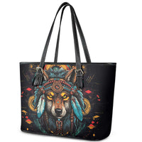 Native American Wolf Leather Tote Bag Abstract Geometric Style