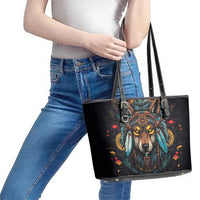Native American Wolf Leather Tote Bag Abstract Geometric Style