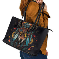 Native American Wolf Leather Tote Bag Abstract Geometric Style