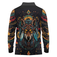 Native American Wolf Long Sleeve Polo Shirt Abstract Geometric Style