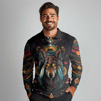 Native American Wolf Long Sleeve Polo Shirt Abstract Geometric Style