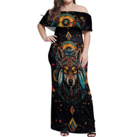 Native American Wolf Off Shoulder Maxi Dress Abstract Geometric Style