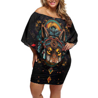 Native American Wolf Off Shoulder Short Dress Abstract Geometric Style