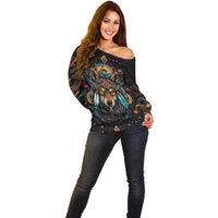 Native American Wolf Off Shoulder Sweater Abstract Geometric Style
