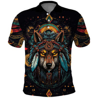 Native American Wolf Polo Shirt Abstract Geometric Style