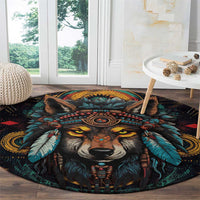 Native American Wolf Round Carpet Abstract Geometric Style