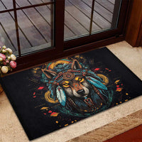 Native American Wolf Rubber Doormat Abstract Geometric Style