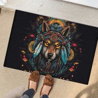 Native American Wolf Rubber Doormat Abstract Geometric Style