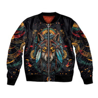 Native American Wolf Sleeve Zip Bomber Jacket Abstract Geometric Style