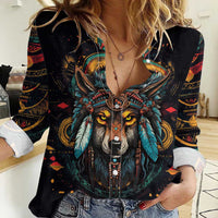 Native American Wolf Women Casual Shirt Abstract Geometric Style