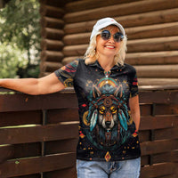 Native American Wolf Women Polo Shirt Abstract Geometric Style