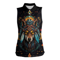 Native American Wolf Women Sleeveless Polo Shirt Abstract Geometric Style