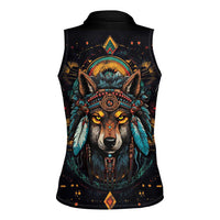 Native American Wolf Women Sleeveless Polo Shirt Abstract Geometric Style