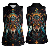Native American Wolf Women Sleeveless Polo Shirt Abstract Geometric Style