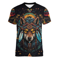 Native American Wolf Women V-Neck T-Shirt Abstract Geometric Style