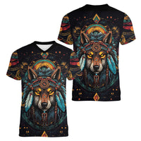 Native American Wolf Women V-Neck T-Shirt Abstract Geometric Style